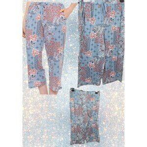 Jaclyn Intimates L Blue Floral Drawstring Waist Side Pockets Capri Sleep Pants
